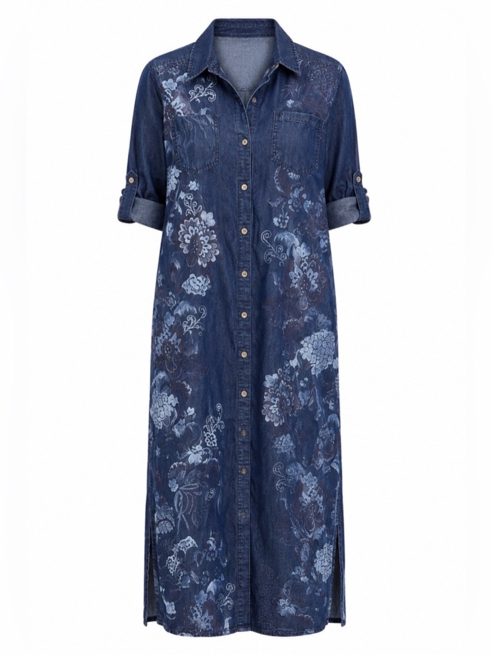 Chico’s Floral Denim Button Front Maxi Shirt Dress Blue Size 1.5P Petite - Picture 2 of 6